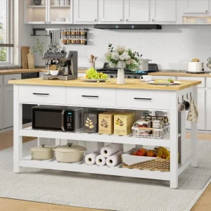 60" Solid Rubberwood Kitchen Island with Power Outlets