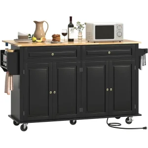 63" Movable Kitchen Island with Drop Lea and Power Outlet